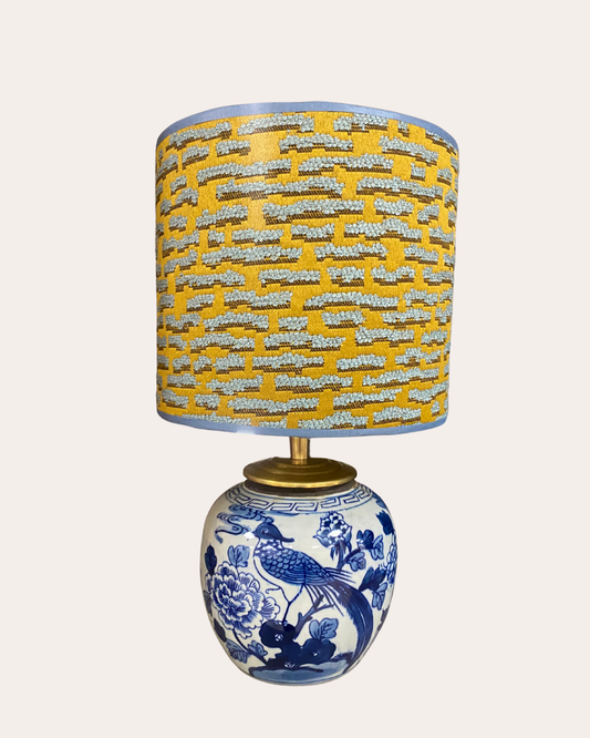 Blauw-wit/grijs gemberpot small met okergele kap